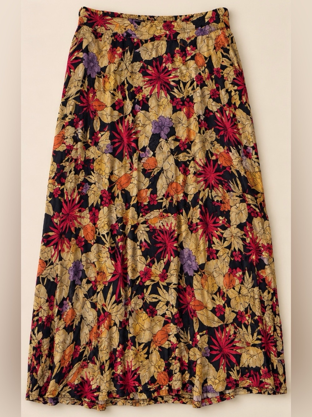 Vintage Sag Arbor Tropical Floral Rayon Skirt Black Multicolor Botanical Print